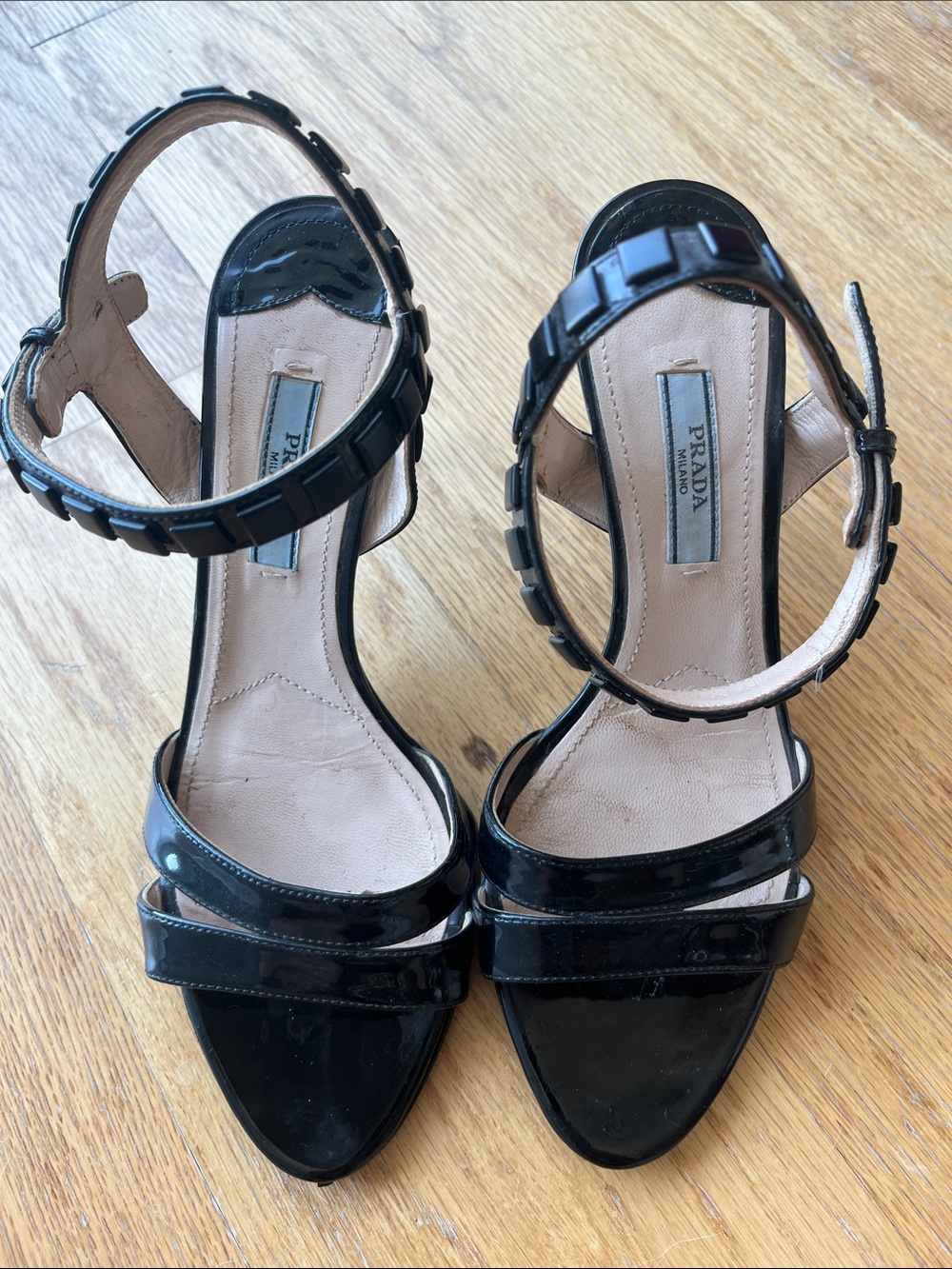 Prada Black Patent Leather Strappy Ankle-Heel Sandals